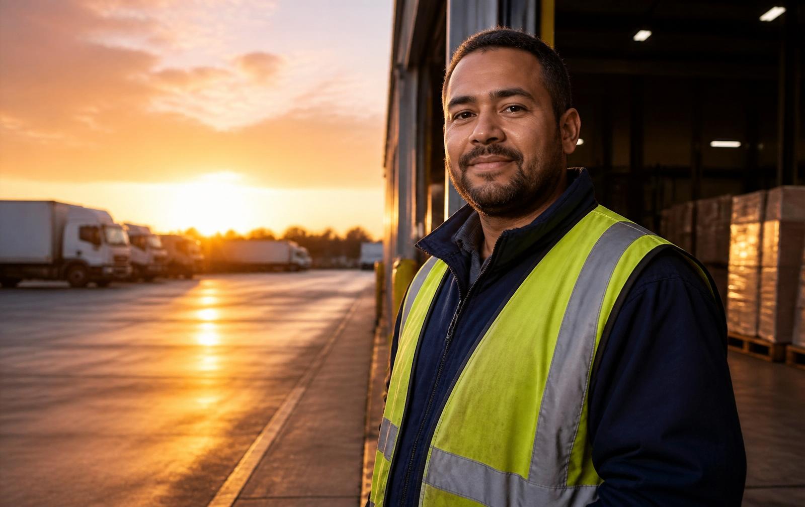 Fleet driver at a loading dock at sunrise