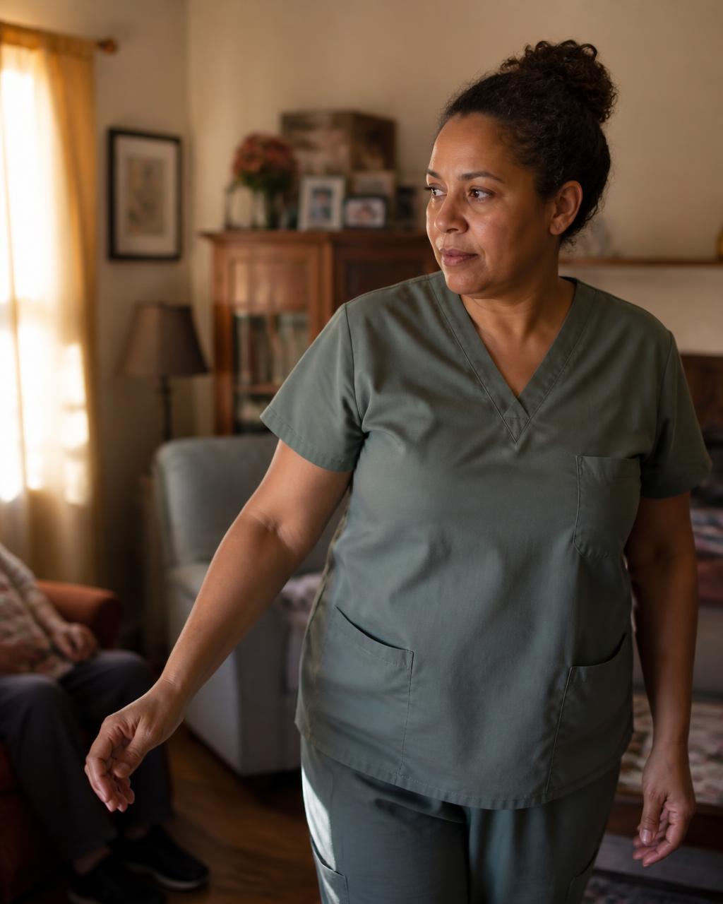 Home care aide mid-shift in a residential living room