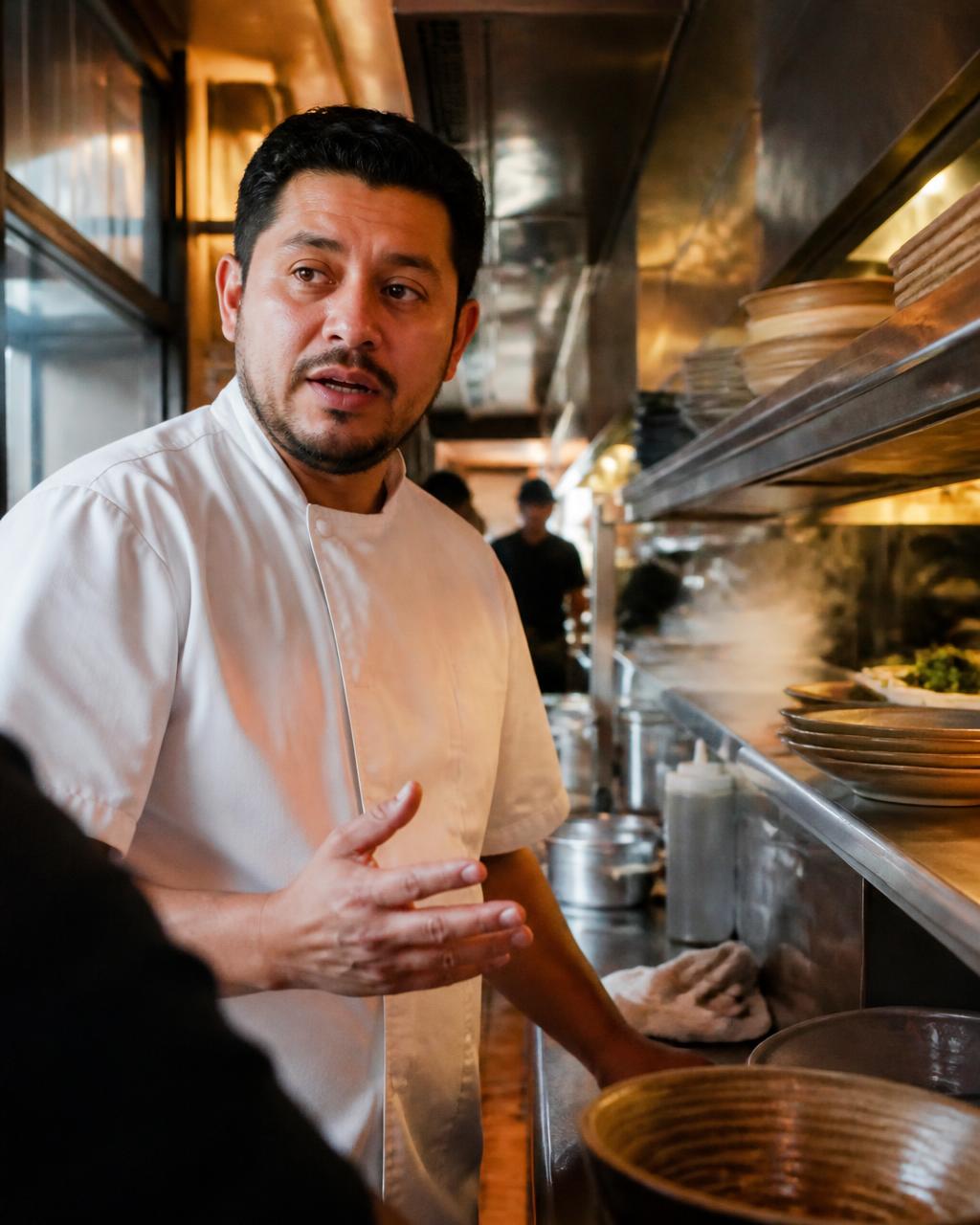 Line cook mid-conversation during service in a busy kitchen