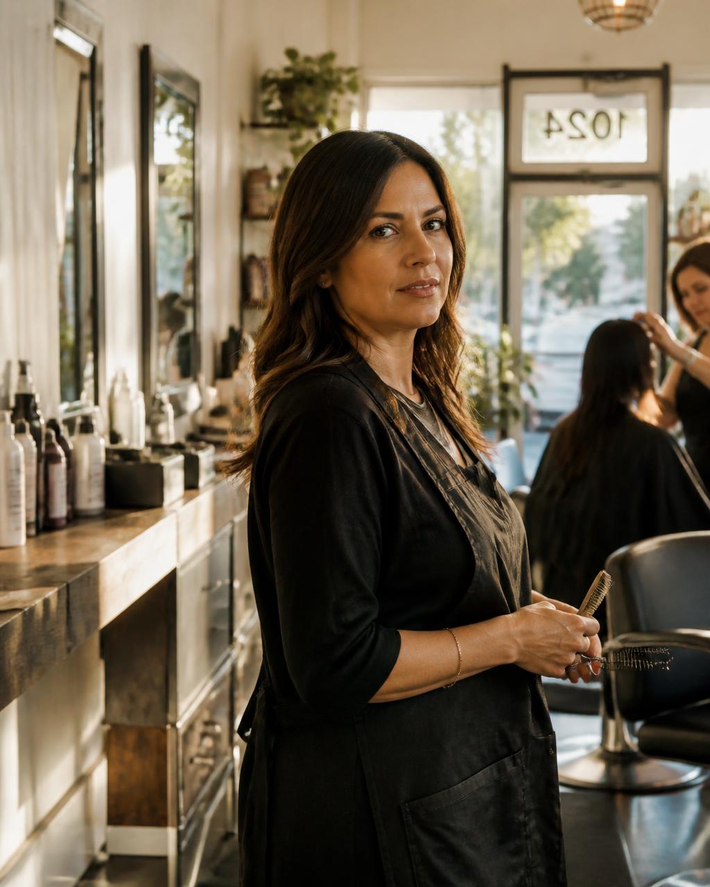 Salon owner at her station in late-afternoon light