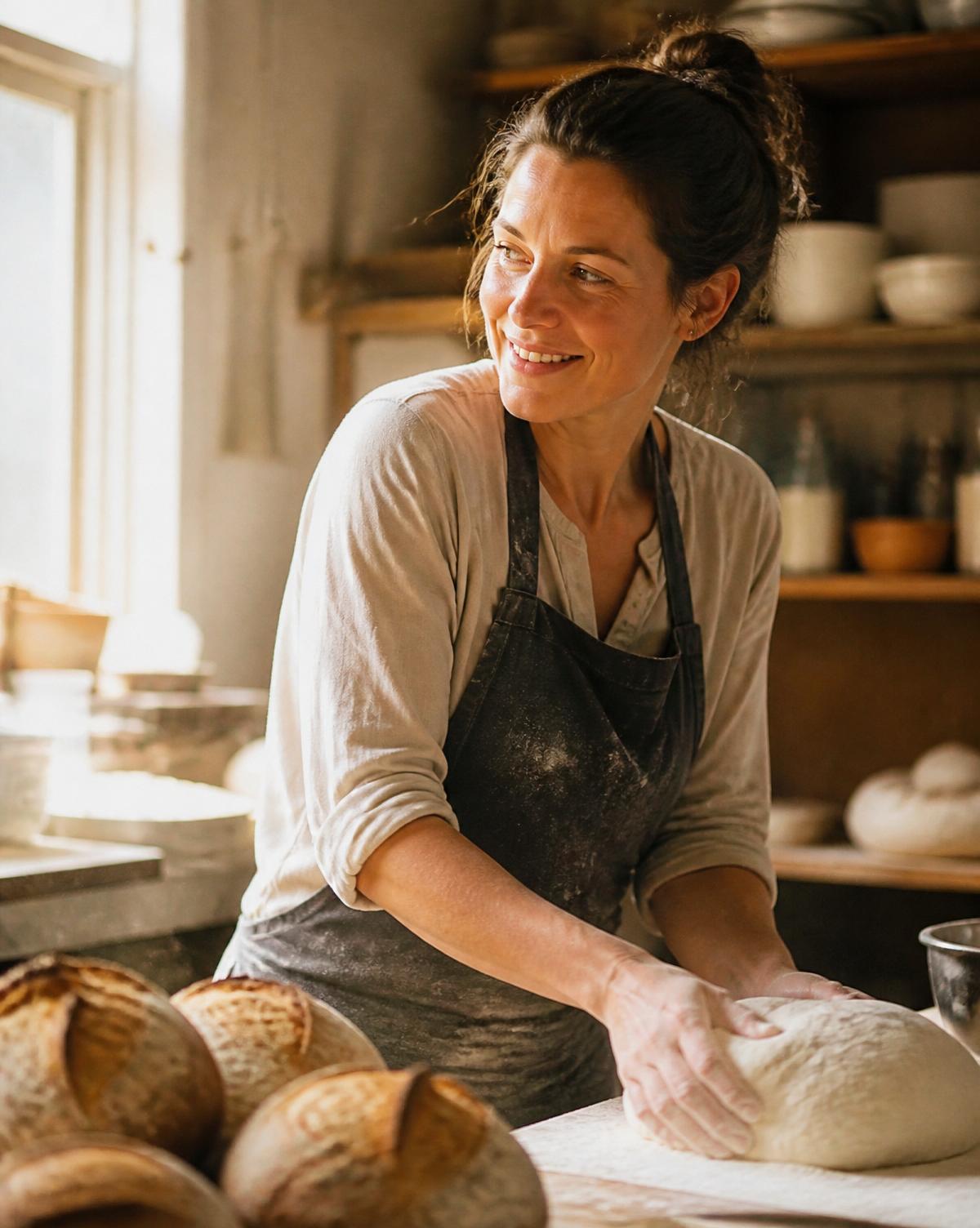 A baker at dawn kneading dough by a window